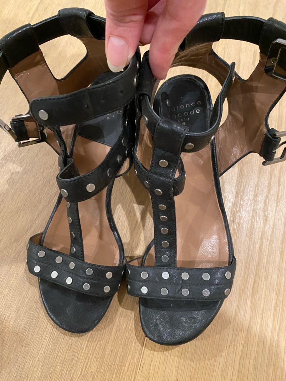 Black Studded T-Strap Women's Sandals